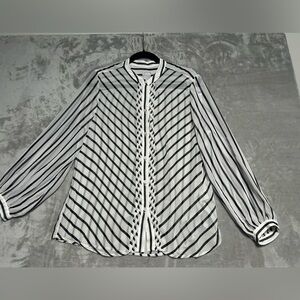 Chico’s Billow Sleeve Blouse Top Sheer Black White Stripe Women’s 12/14 2